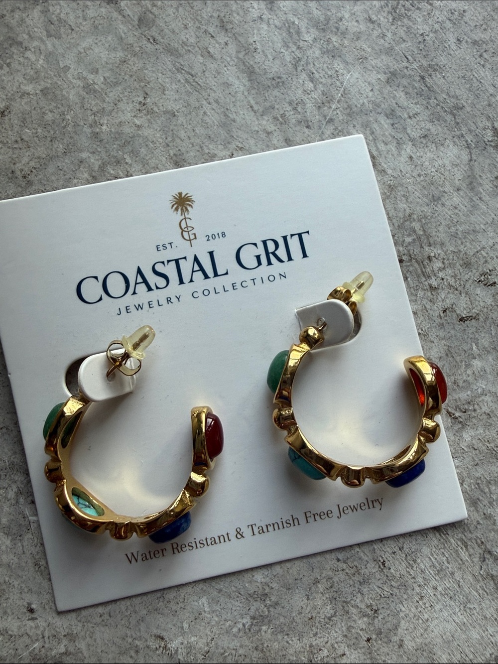 Coastal Grit Gold Hoop Earrings with Multicolor Stone Accents - Picture 8 of 10